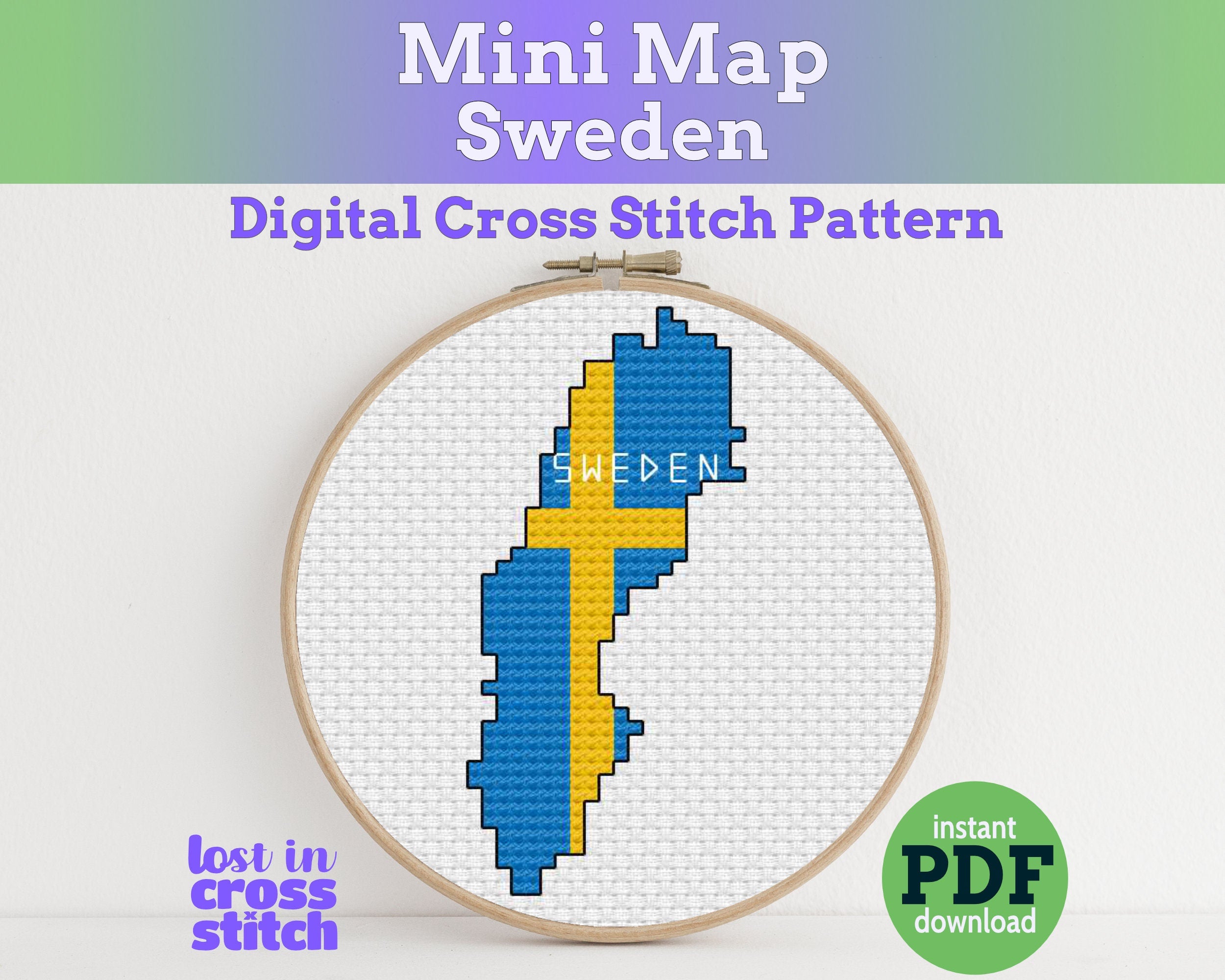 Cross stitch pattern of Sweden's flag in an embroidery hoop  Main image