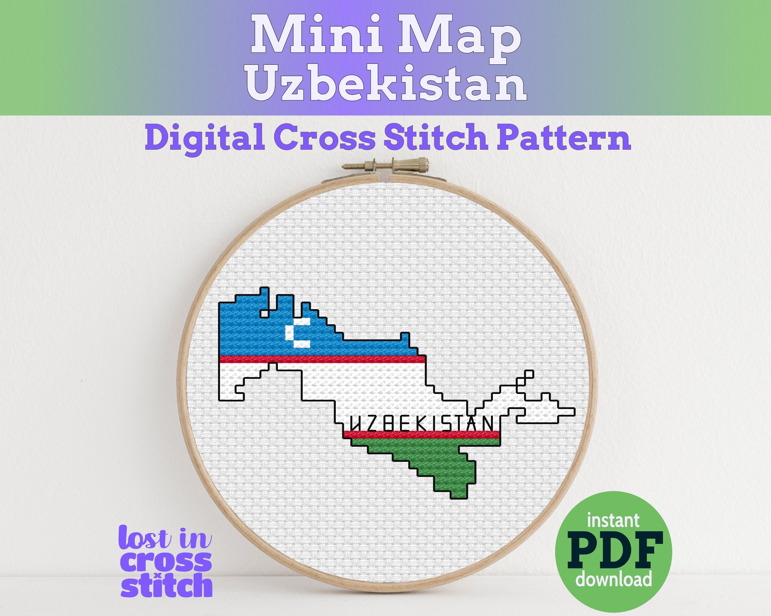 Uzbekistan Cross Stitch Pattern: Mini Flag Map Main image