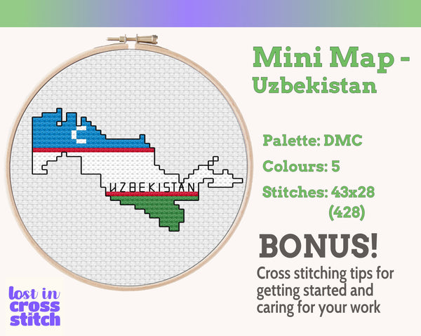 Uzbekistan Cross Stitch Pattern: Mini Flag Map