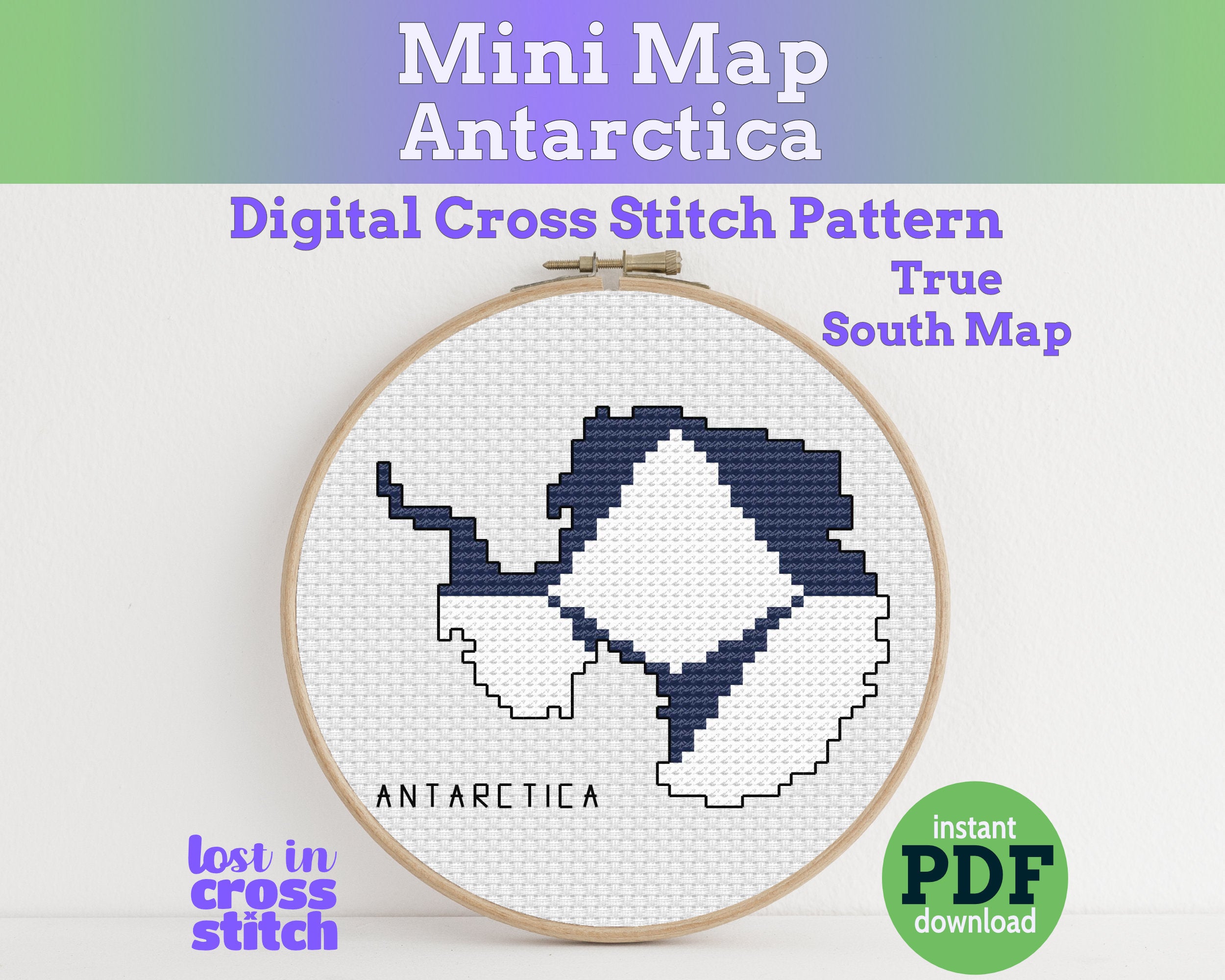 Antarctica Cross Stitch Pattern: Tiny Flag Map Main image