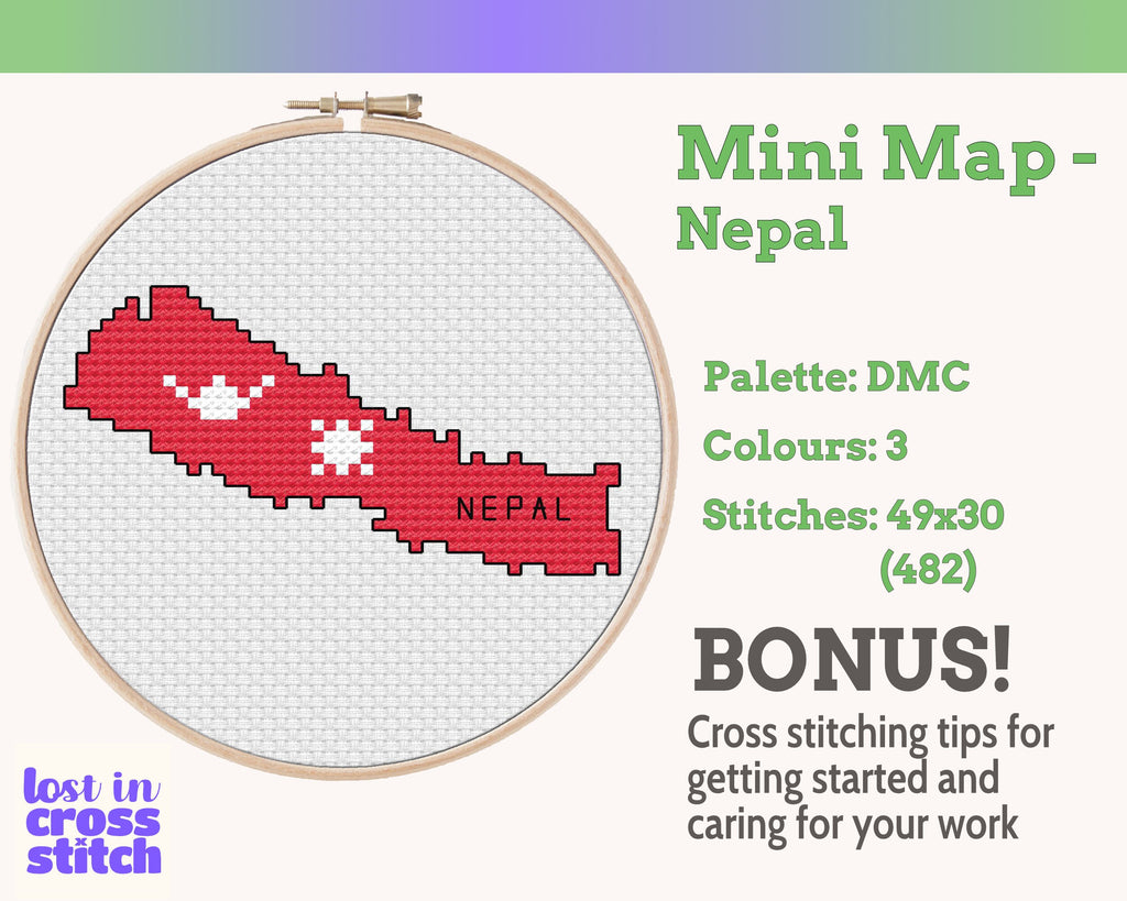 Nepal Cross Stitch Pattern: Tiny Flag Map