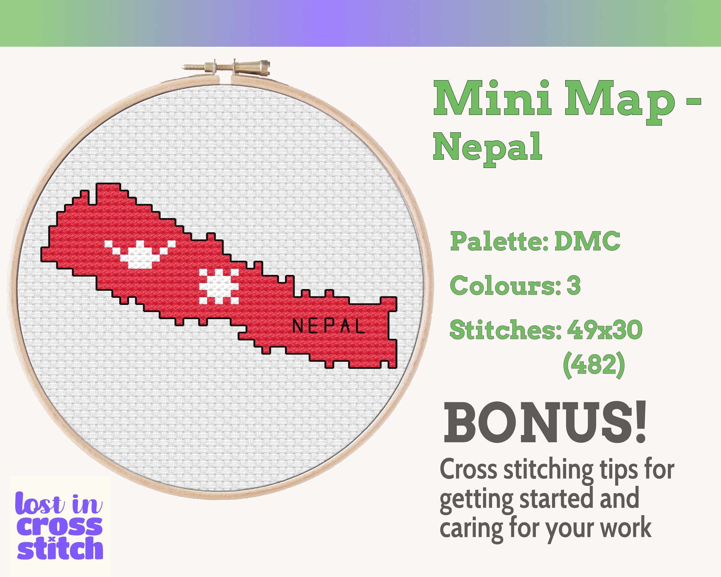 Nepal Cross Stitch Pattern: Tiny Flag Map