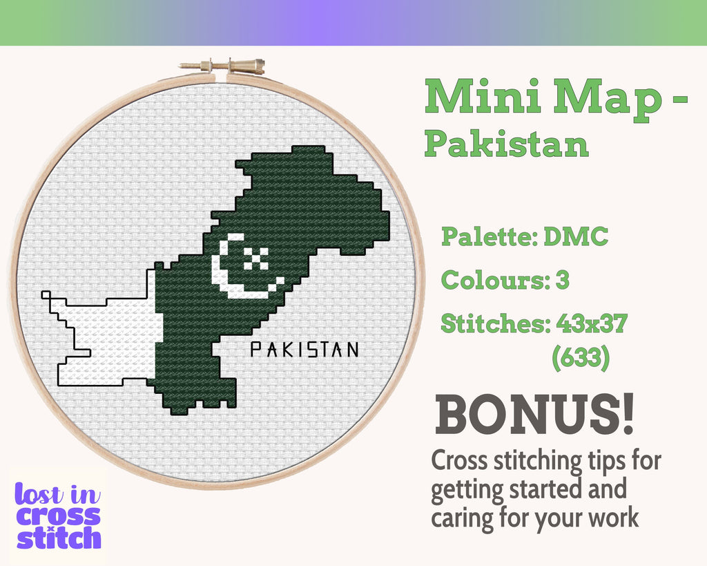 Pakistan Cross Stitch Pattern: Tiny Flag Map