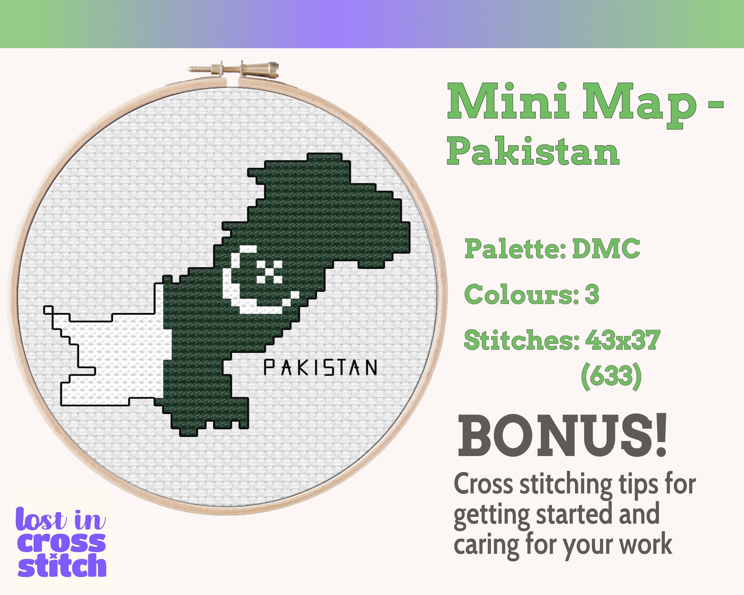 Pakistan Cross Stitch Pattern: Tiny Flag Map