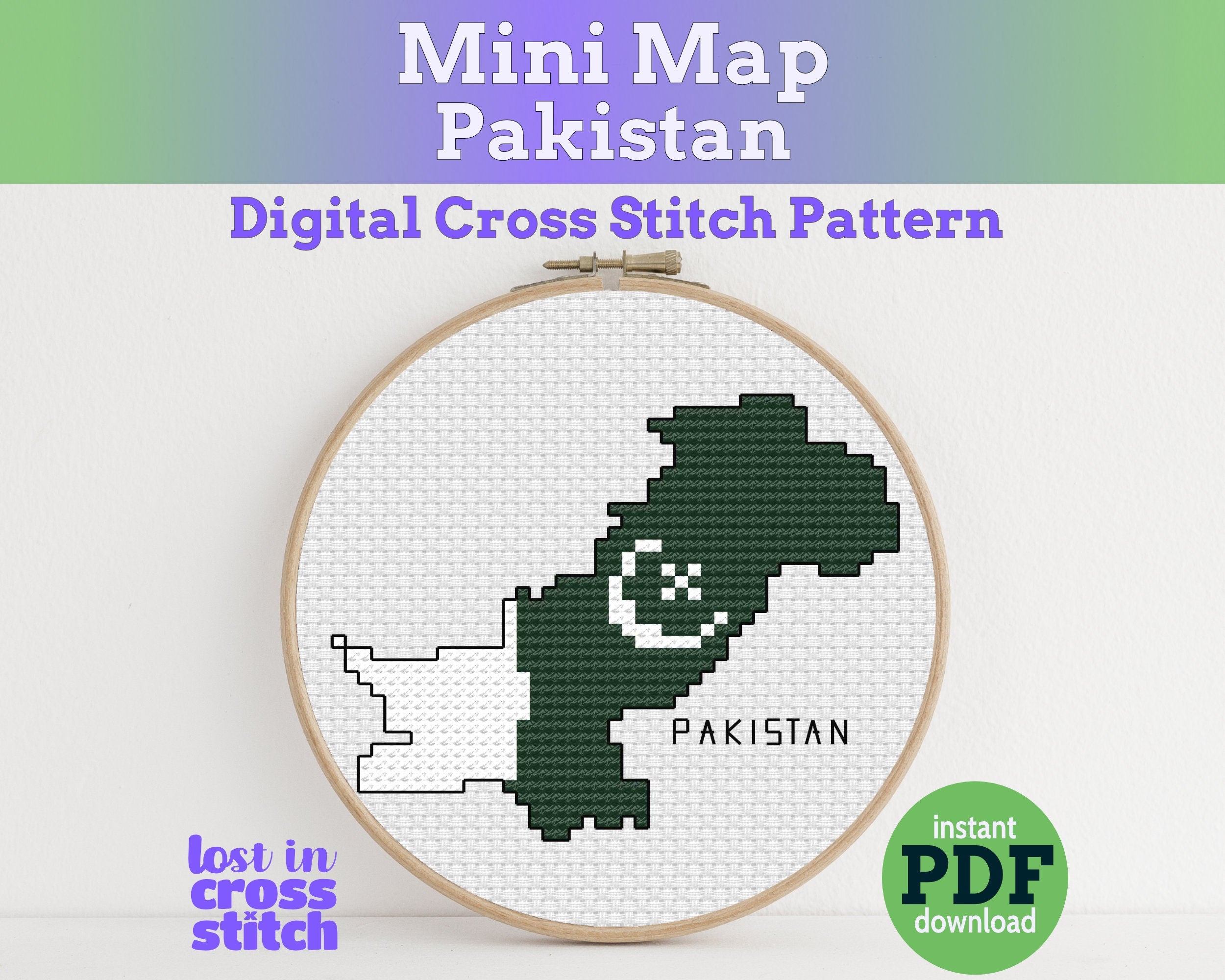 Pakistan Cross Stitch Pattern: Tiny Flag Map Main image
