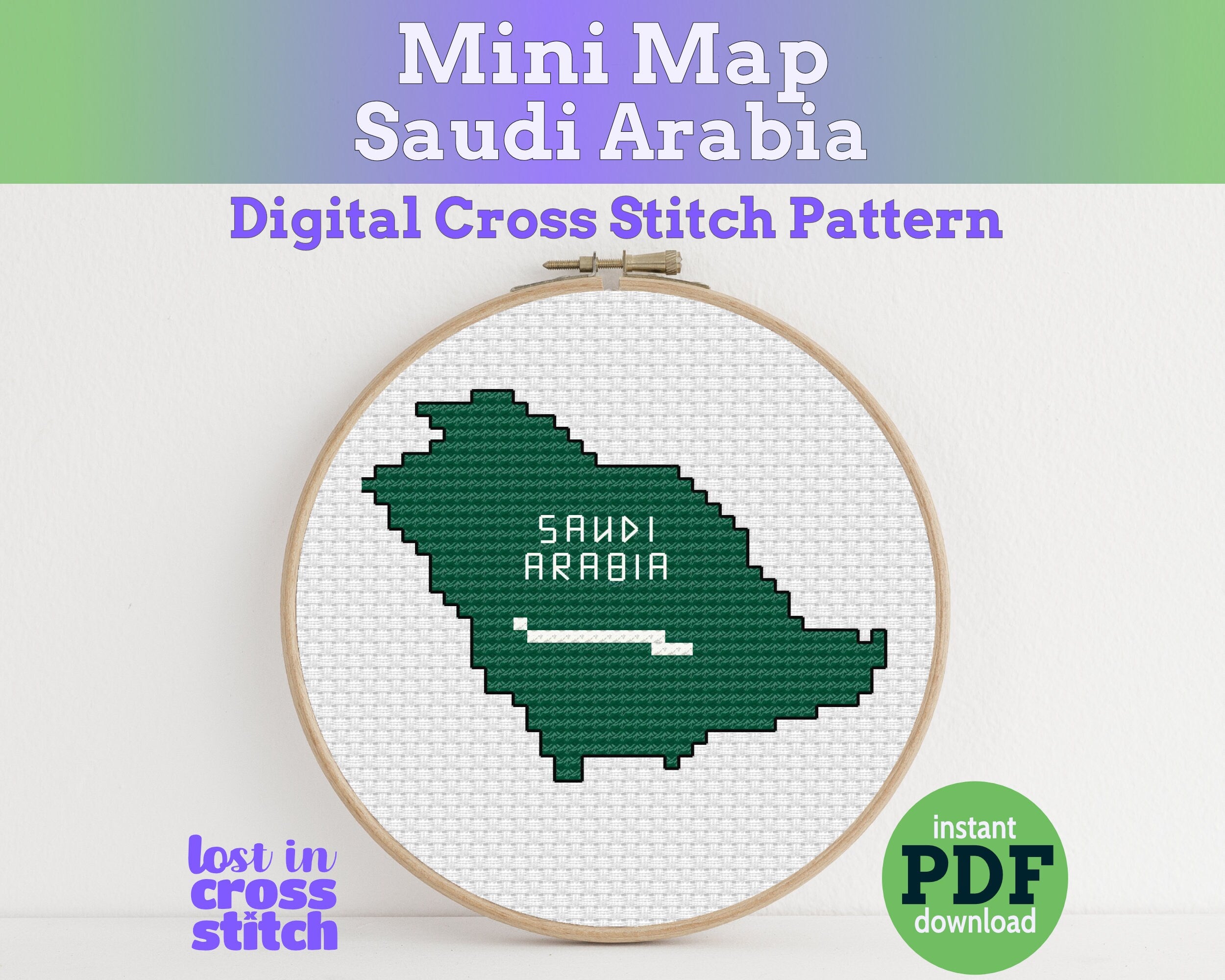 Saudi Arabia Cross Stitch Pattern: Tiny Flag Map Main image