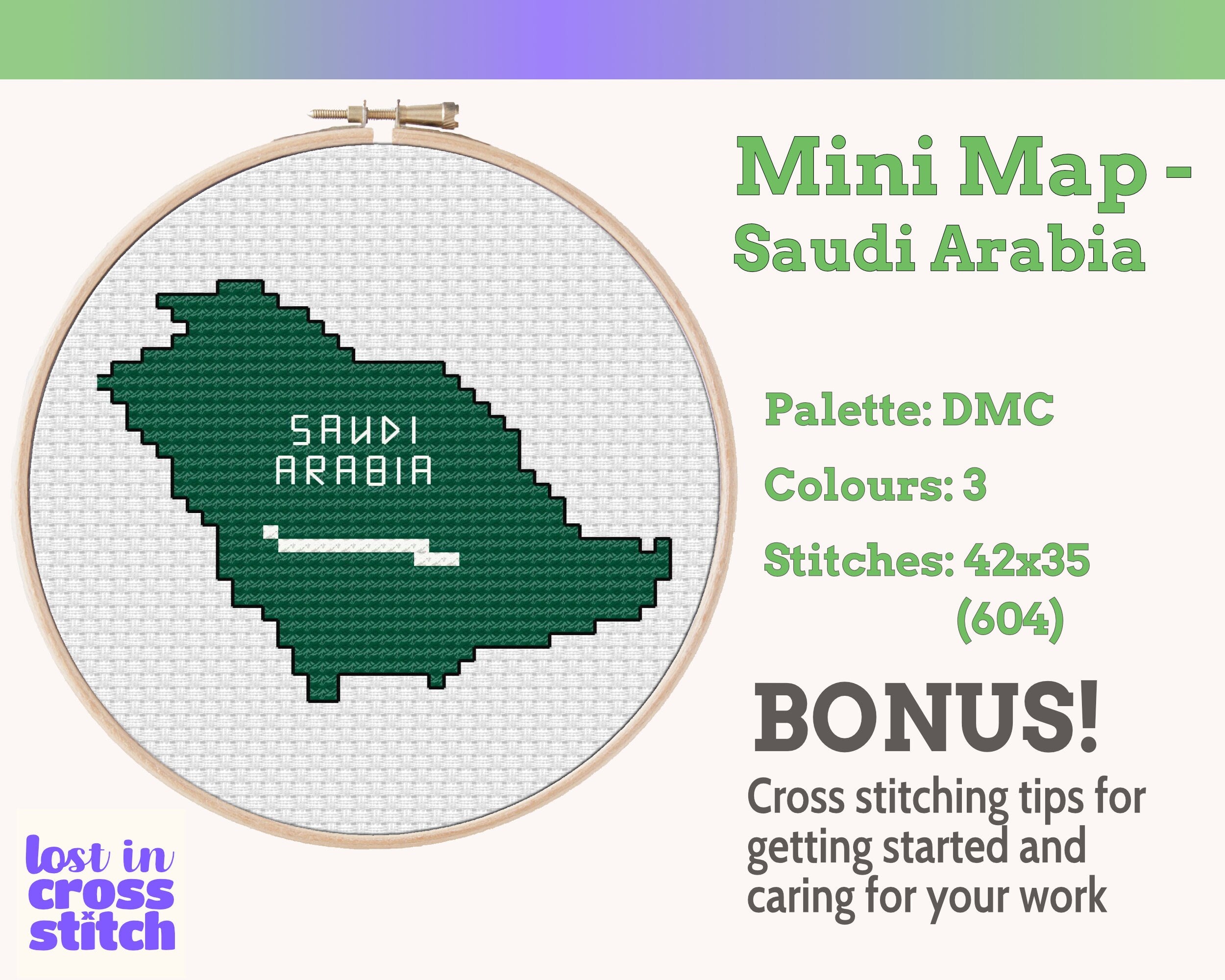 Saudi Arabia Cross Stitch Pattern: Tiny Flag Map