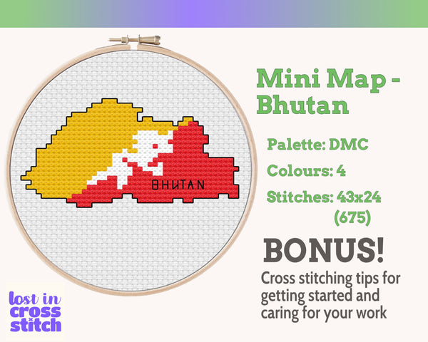 Bhutan Cross Stitch Pattern: Tiny Flag Map