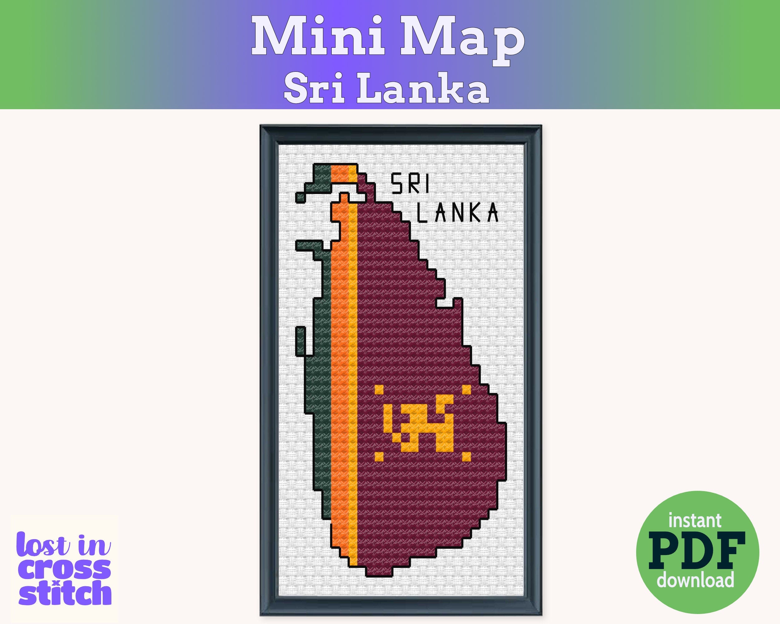 Sri Lanka Cross Stitch Pattern: Tiny Flag Map