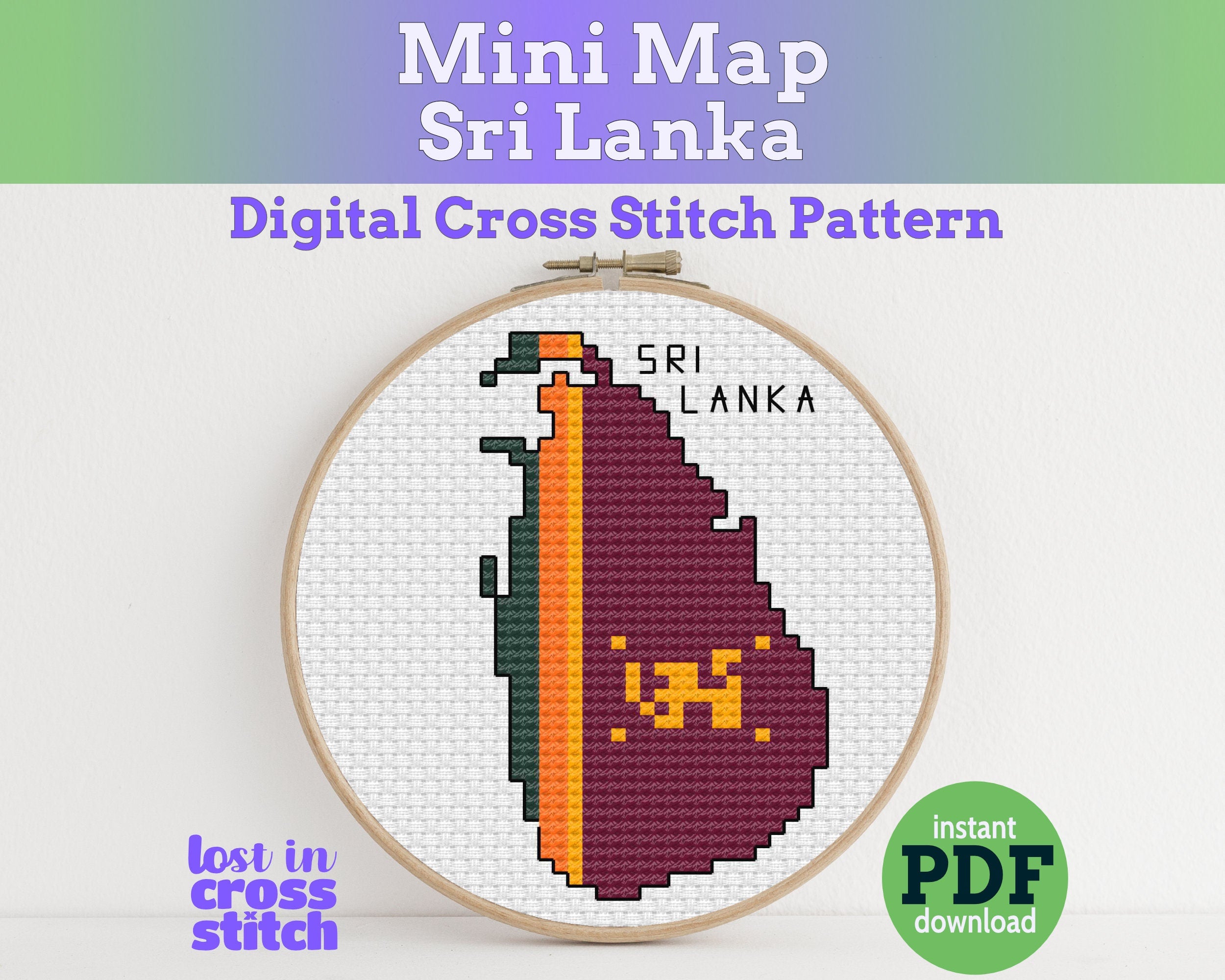 Sri Lanka Cross Stitch Pattern: Tiny Flag Map