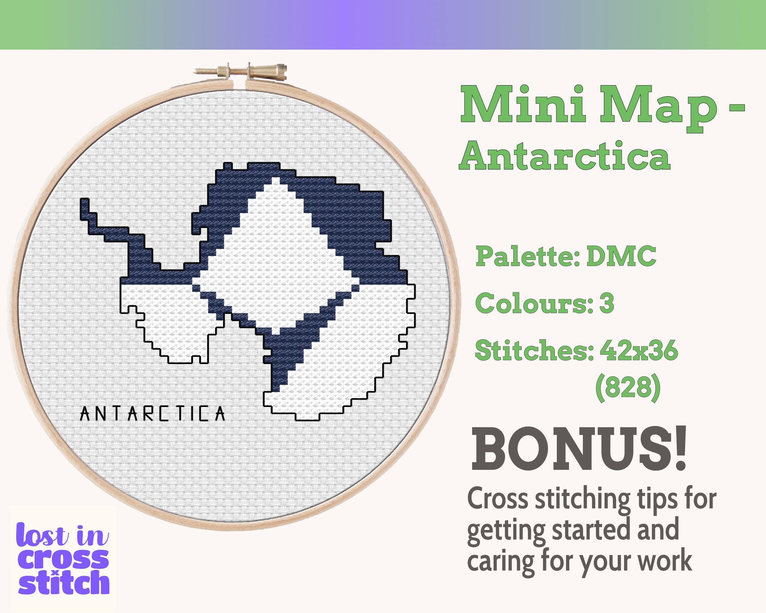 Antarctica Cross Stitch Pattern: Tiny Flag Map