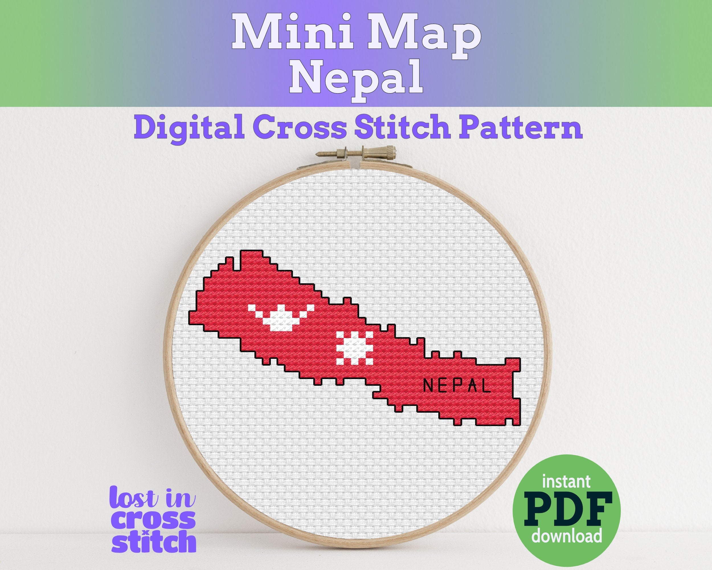 Nepal Cross Stitch Pattern: Tiny Flag Map Main image