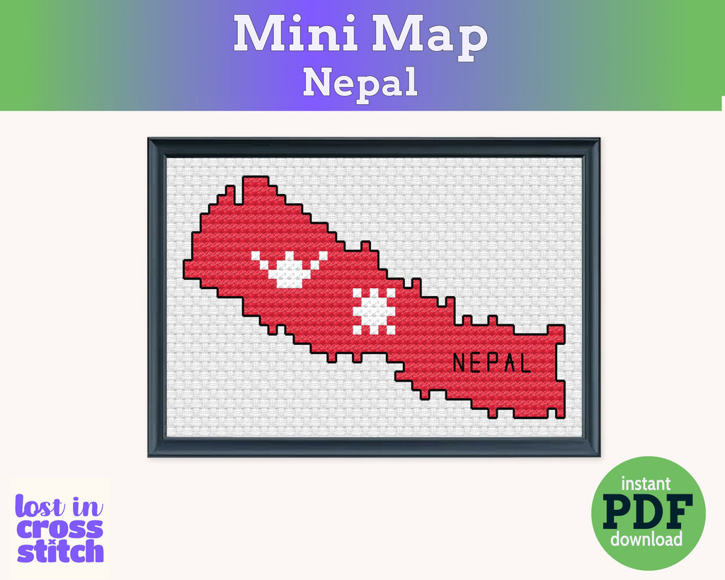 Nepal Cross Stitch Pattern: Tiny Flag Map