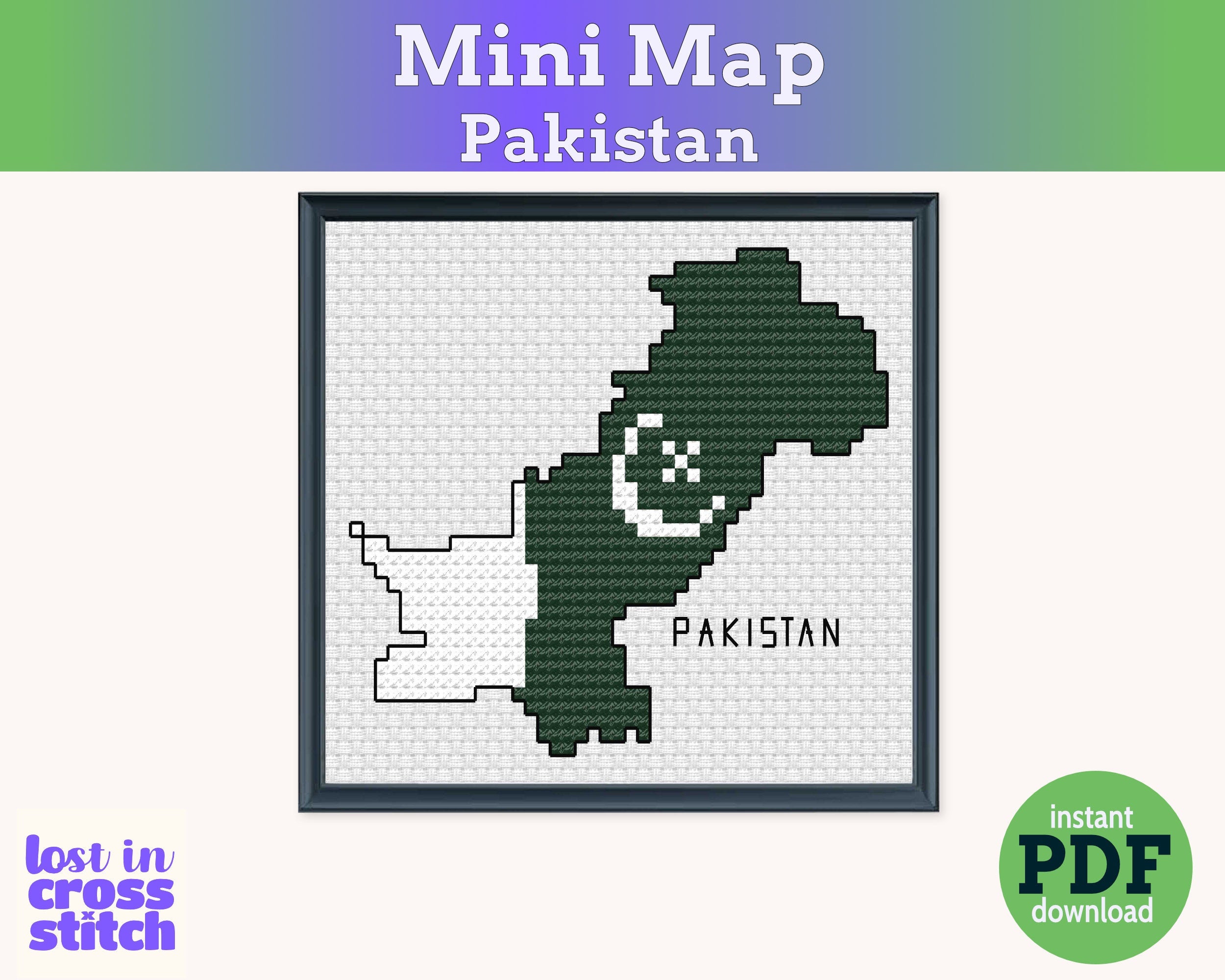 Pakistan Cross Stitch Pattern: Tiny Flag Map