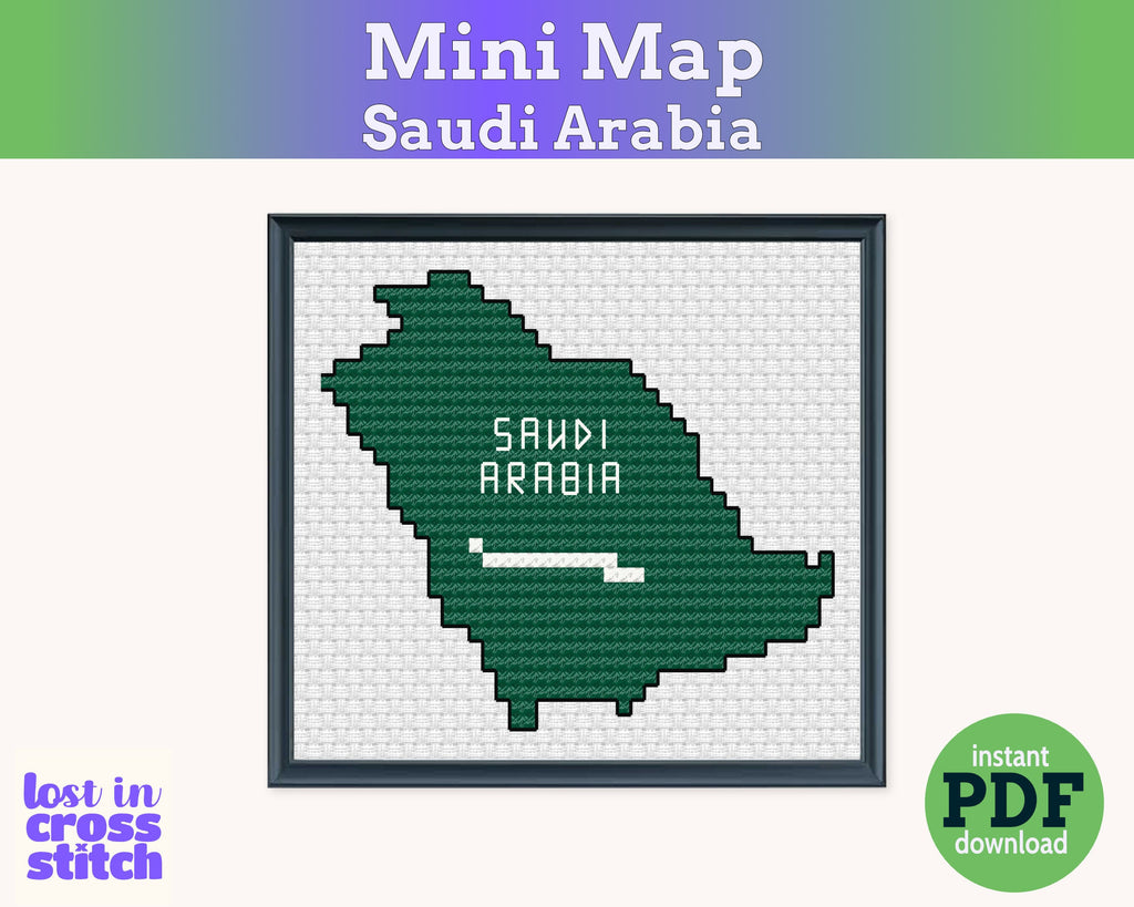 Saudi Arabia Cross Stitch Pattern: Tiny Flag Map