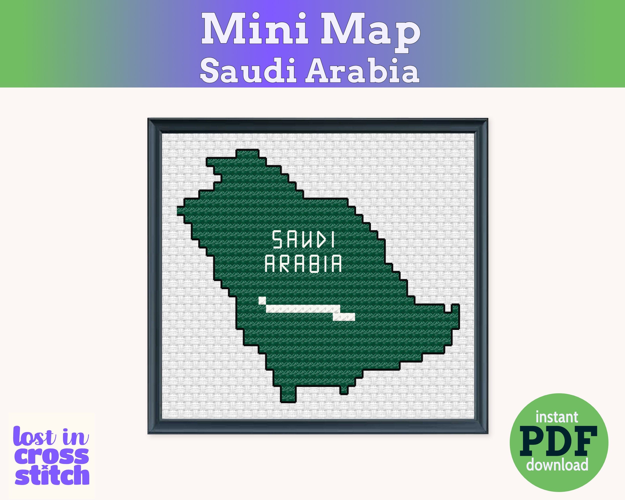 Saudi Arabia Cross Stitch Pattern: Tiny Flag Map