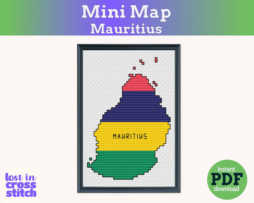 Mauritius Cross Stitch Pattern: Tiny Flag Map