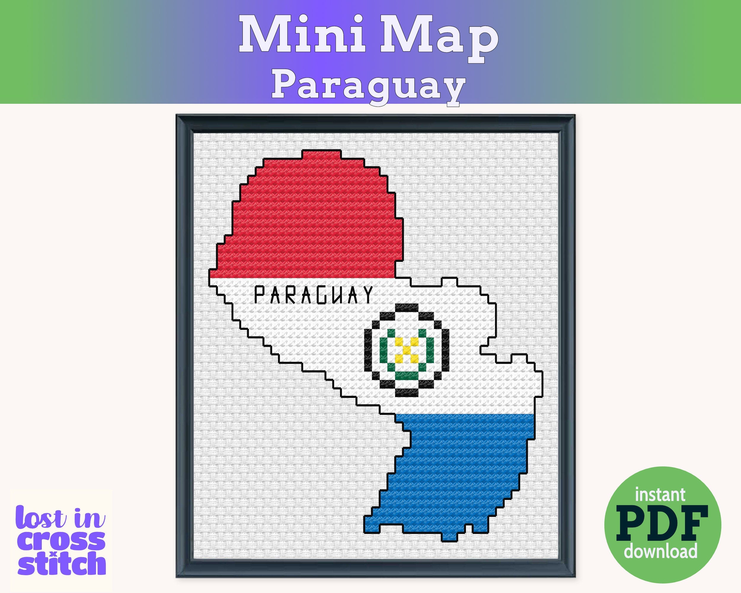 Paraguay Cross Stitch Pattern: Mini Flag Map