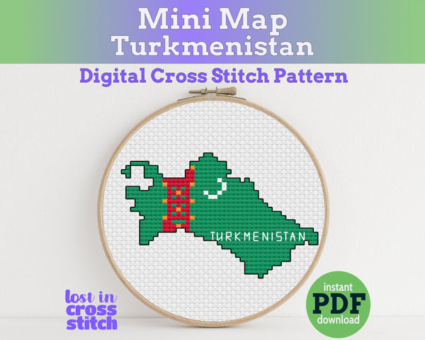 Turkmenistan Cross Stitch Pattern: Mini Flag Map
