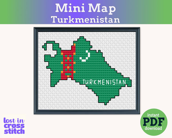 Turkmenistan Cross Stitch Pattern: Mini Flag Map