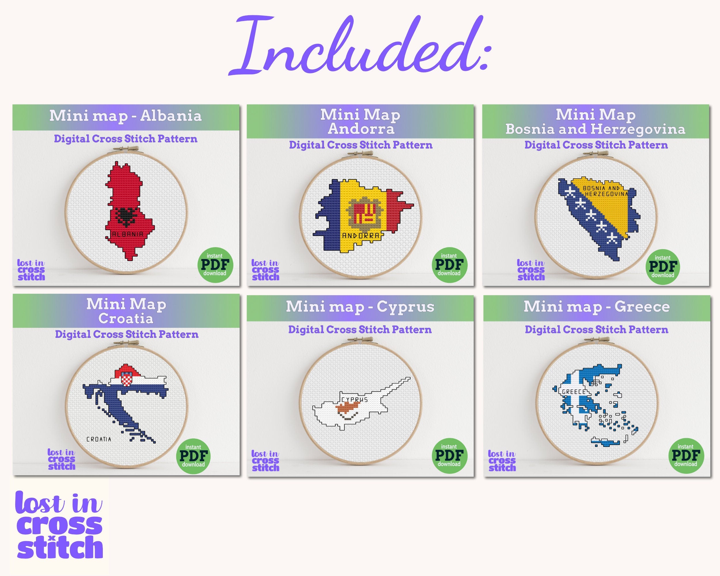 Mediterranean Cross Stitch Pattern Bundle: 18 Southern Europe Flag Map Patterns