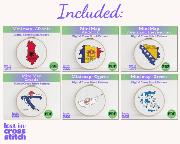 Mediterranean Cross Stitch Pattern Bundle: 18 Southern Europe Flag Map Patterns