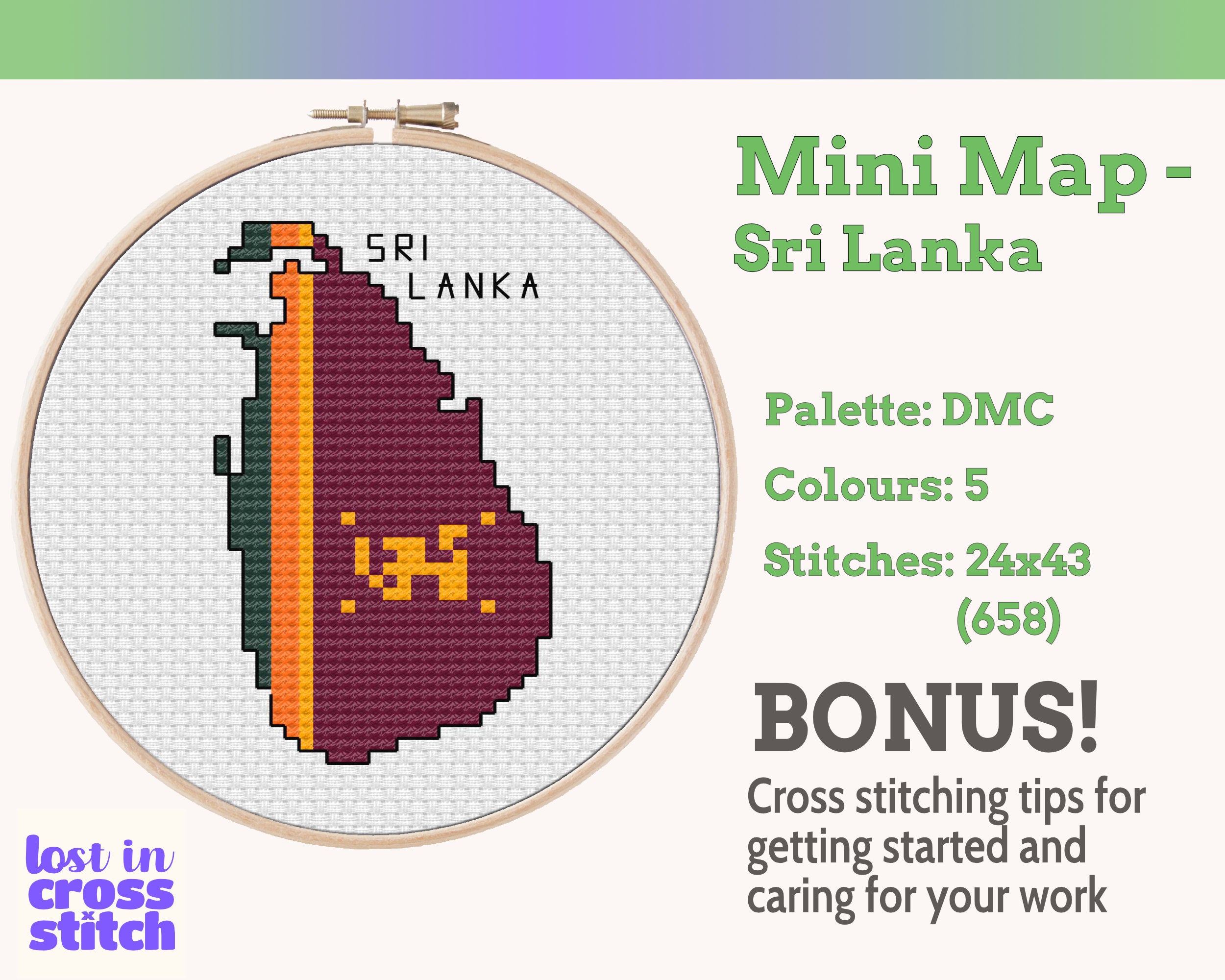 Sri Lanka Cross Stitch Pattern: Tiny Flag Map