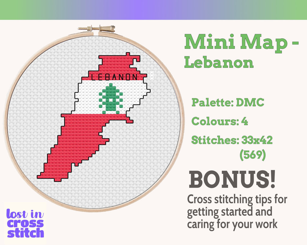 Lebanon Cross Stitch Pattern: Mini Flag Map