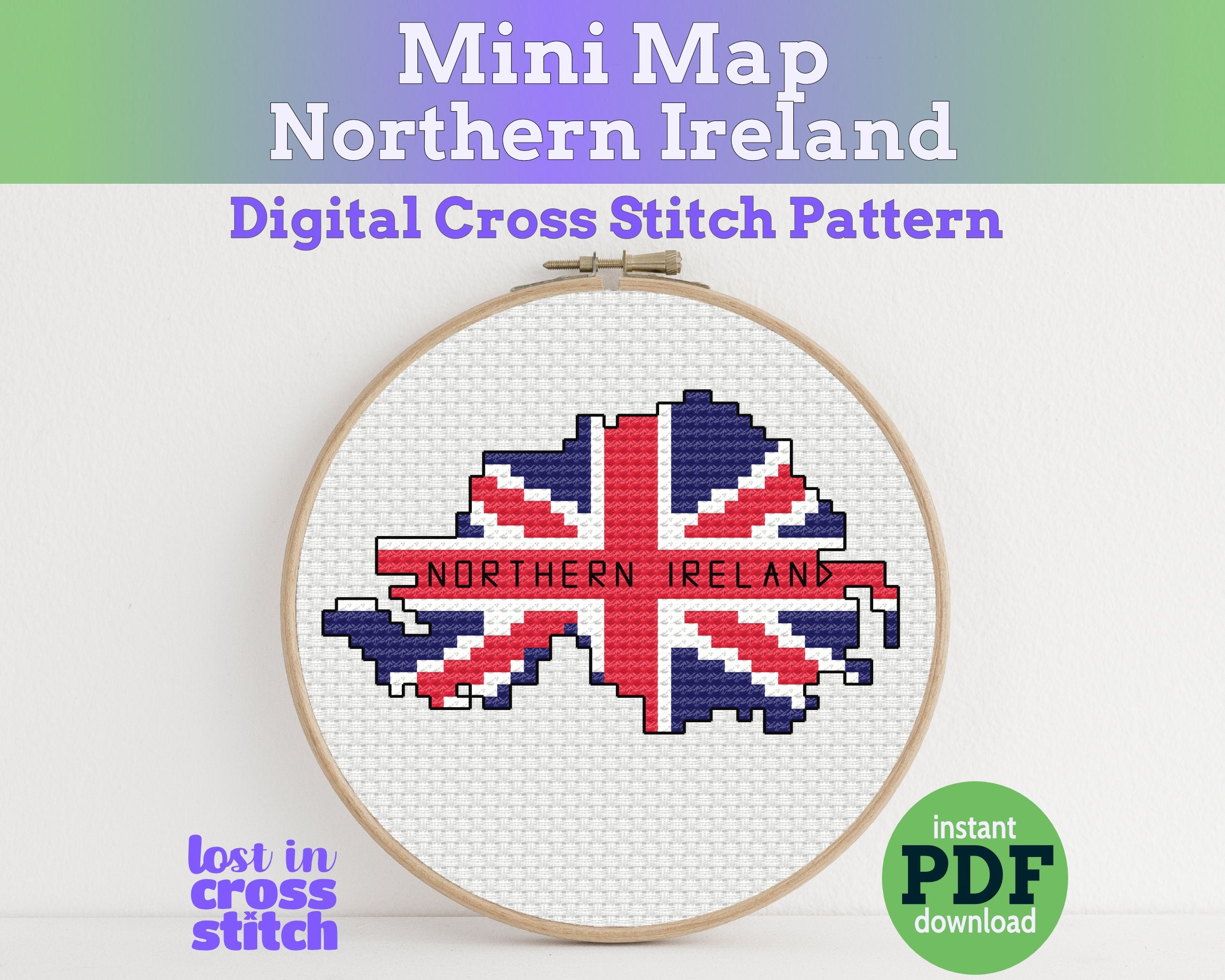 Cross stitch pattern of Northern Ireland with a hoop on a white background Main image
