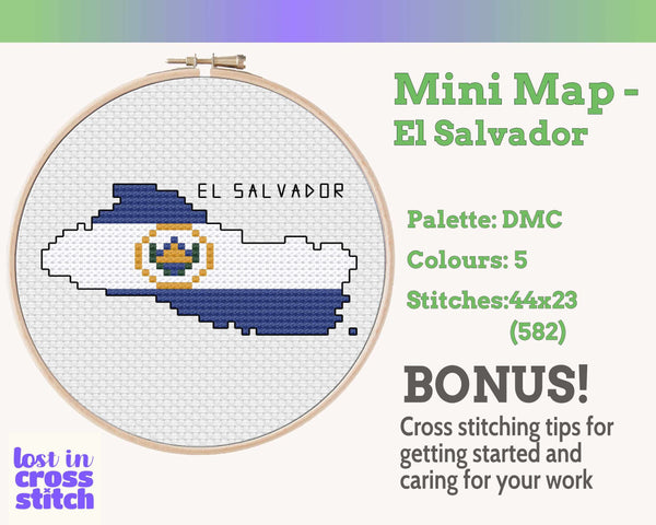 El Salvador Cross Stitch Pattern: Tiny Flag Map