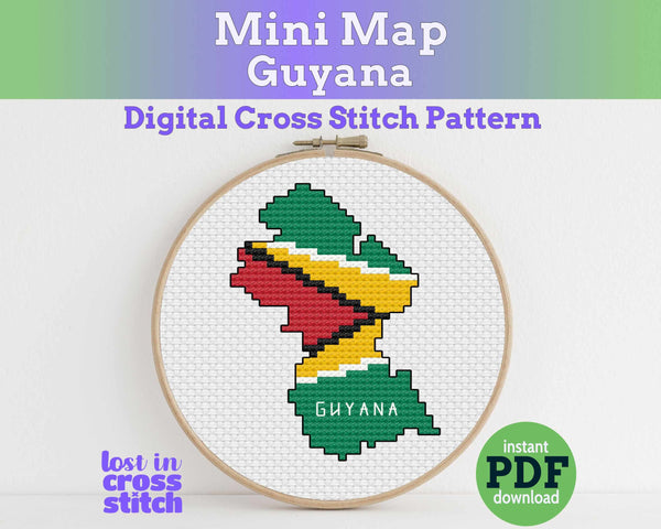 Guyana Cross Stitch Pattern: Tiny Flag Map