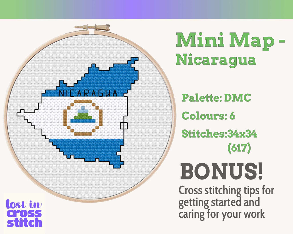 Nicaragua Cross Stitch Pattern: Tiny Flag Map