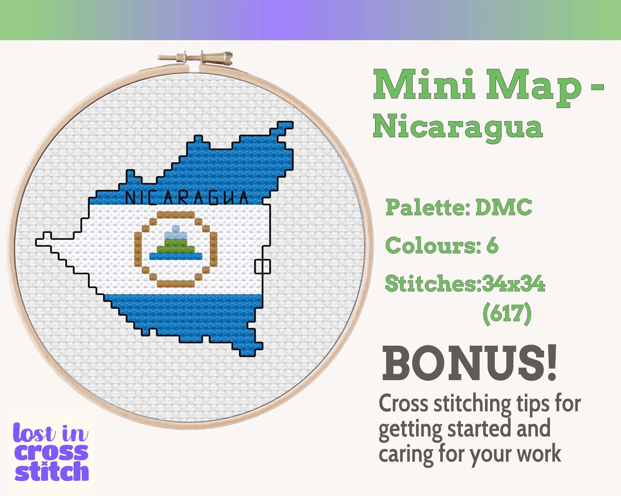 Nicaragua Cross Stitch Pattern: Tiny Flag Map