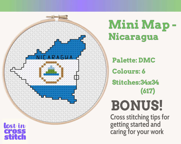Nicaragua Cross Stitch Pattern: Tiny Flag Map