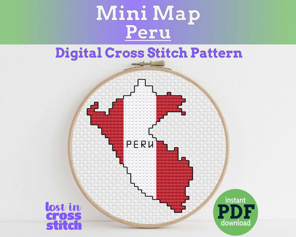 Peru Cross Stitch Pattern: Tiny Flag Map