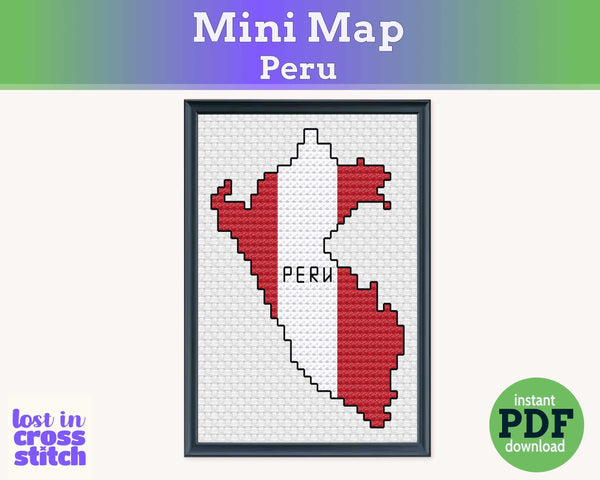 Peru Cross Stitch Pattern: Tiny Flag Map