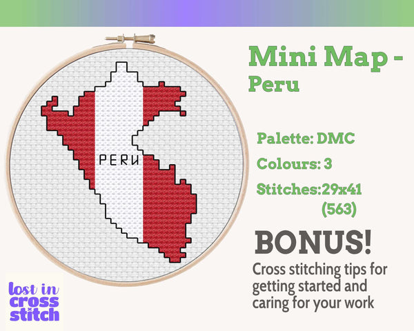 Peru Cross Stitch Pattern: Tiny Flag Map