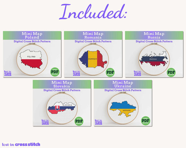 Slavic and Eastern Europe Cross Stitch Pattern Bundle: 10 Mini Flag Map Patterns