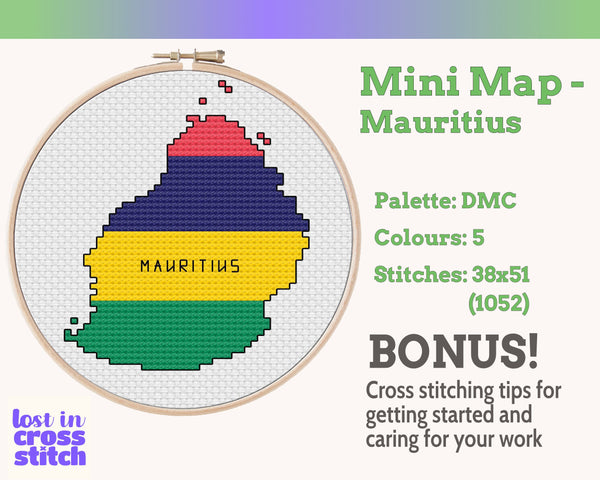 Mauritius Cross Stitch Pattern: Tiny Flag Map