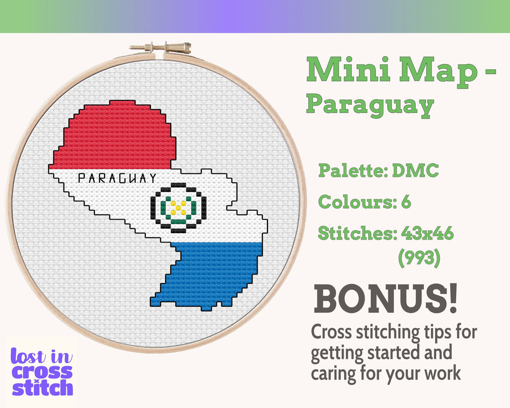 Paraguay Cross Stitch Pattern: Mini Flag Map