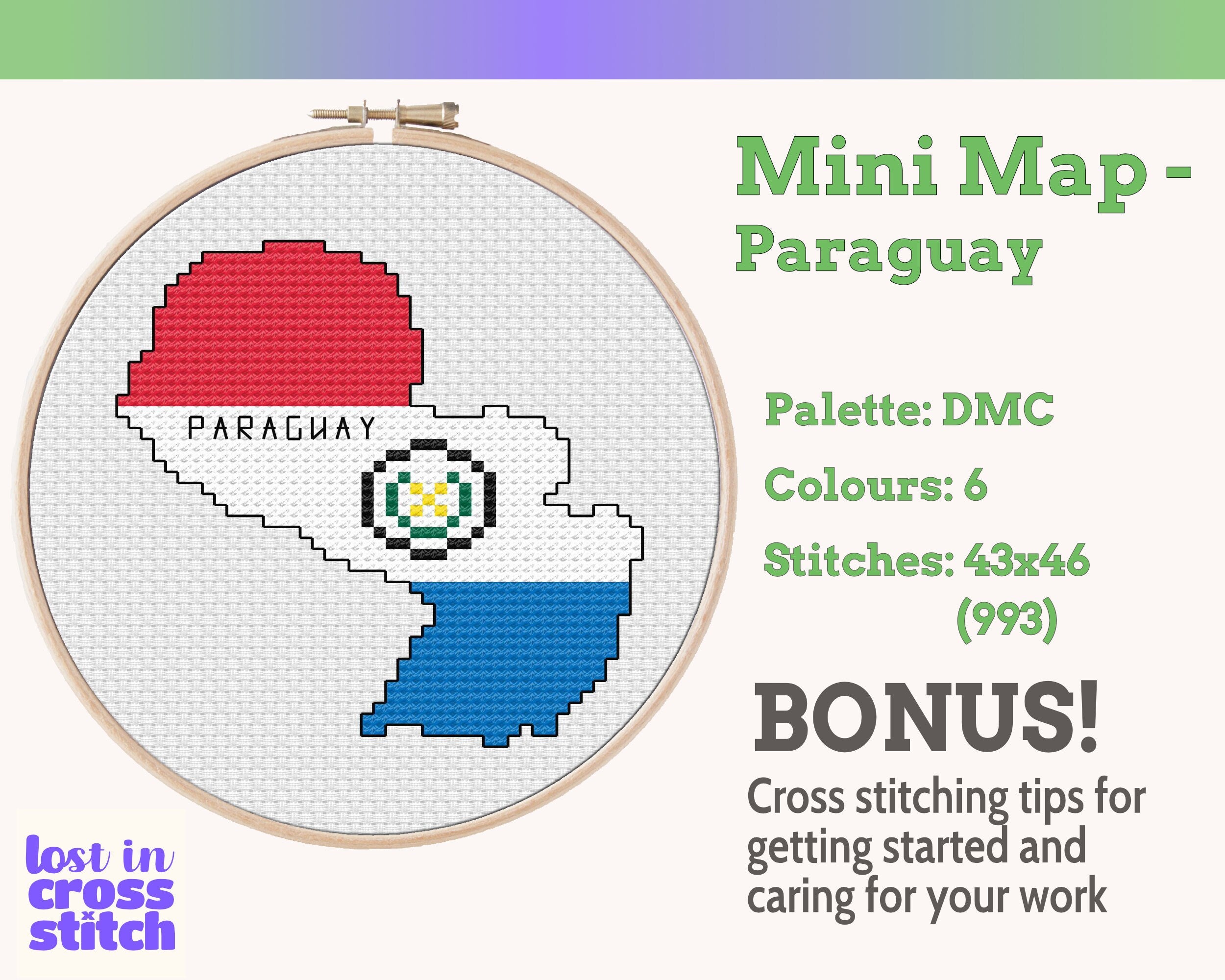 Paraguay Cross Stitch Pattern: Mini Flag Map
