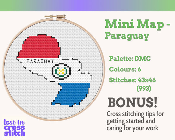 Paraguay Cross Stitch Pattern: Mini Flag Map