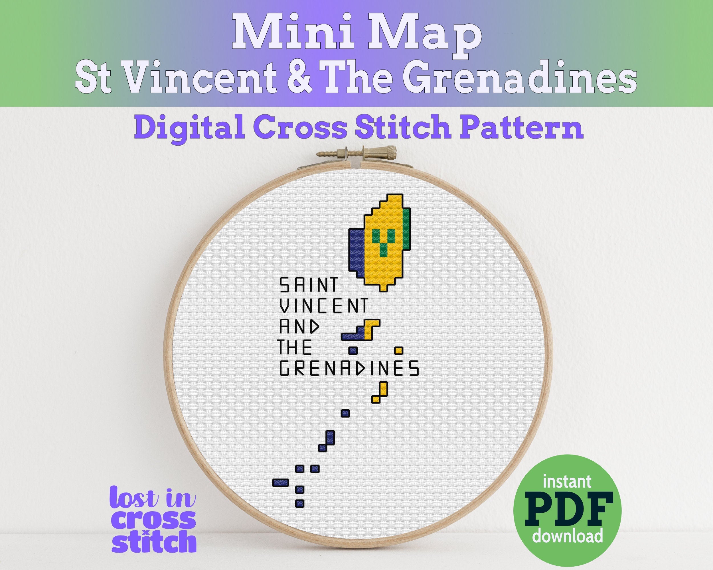 Saint Vincent and the Grenadines Cross Stitch Pattern: Mini Flag Map Main image