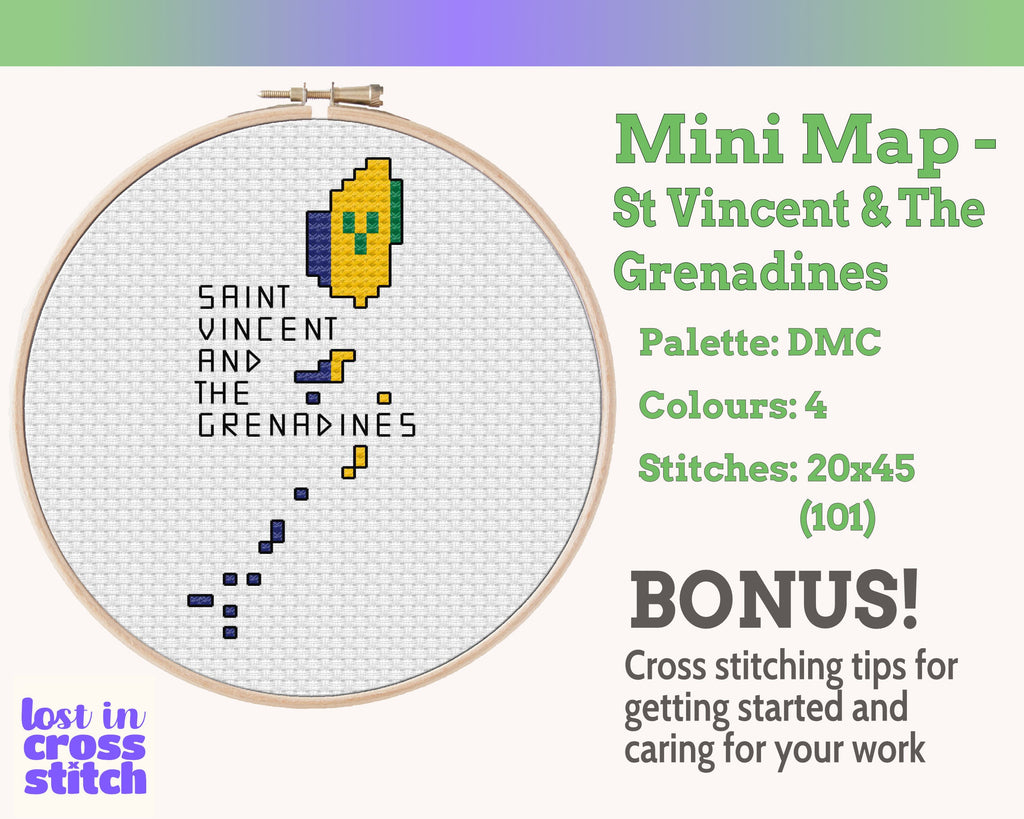 Saint Vincent and the Grenadines Cross Stitch Pattern: Mini Flag Map