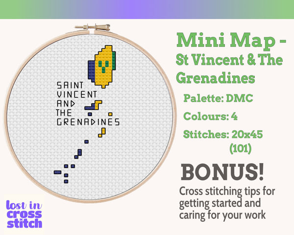 Saint Vincent and the Grenadines Cross Stitch Pattern: Mini Flag Map