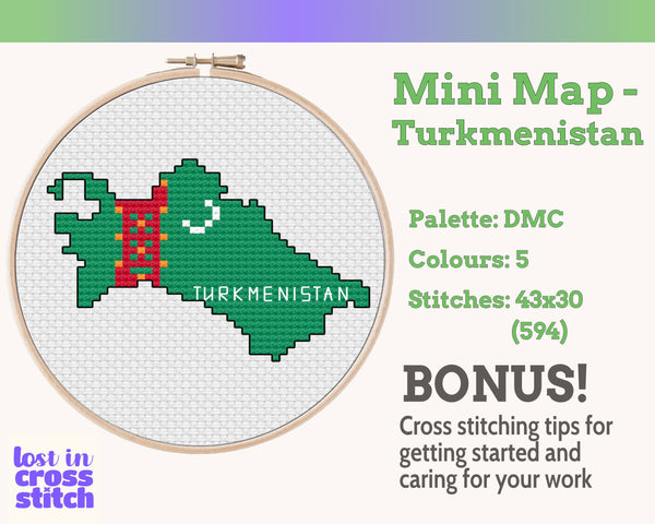 Turkmenistan Cross Stitch Pattern: Mini Flag Map