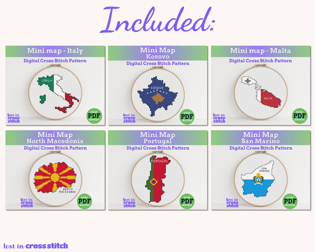 Mediterranean Cross Stitch Pattern Bundle: 18 Southern Europe Flag Map Patterns