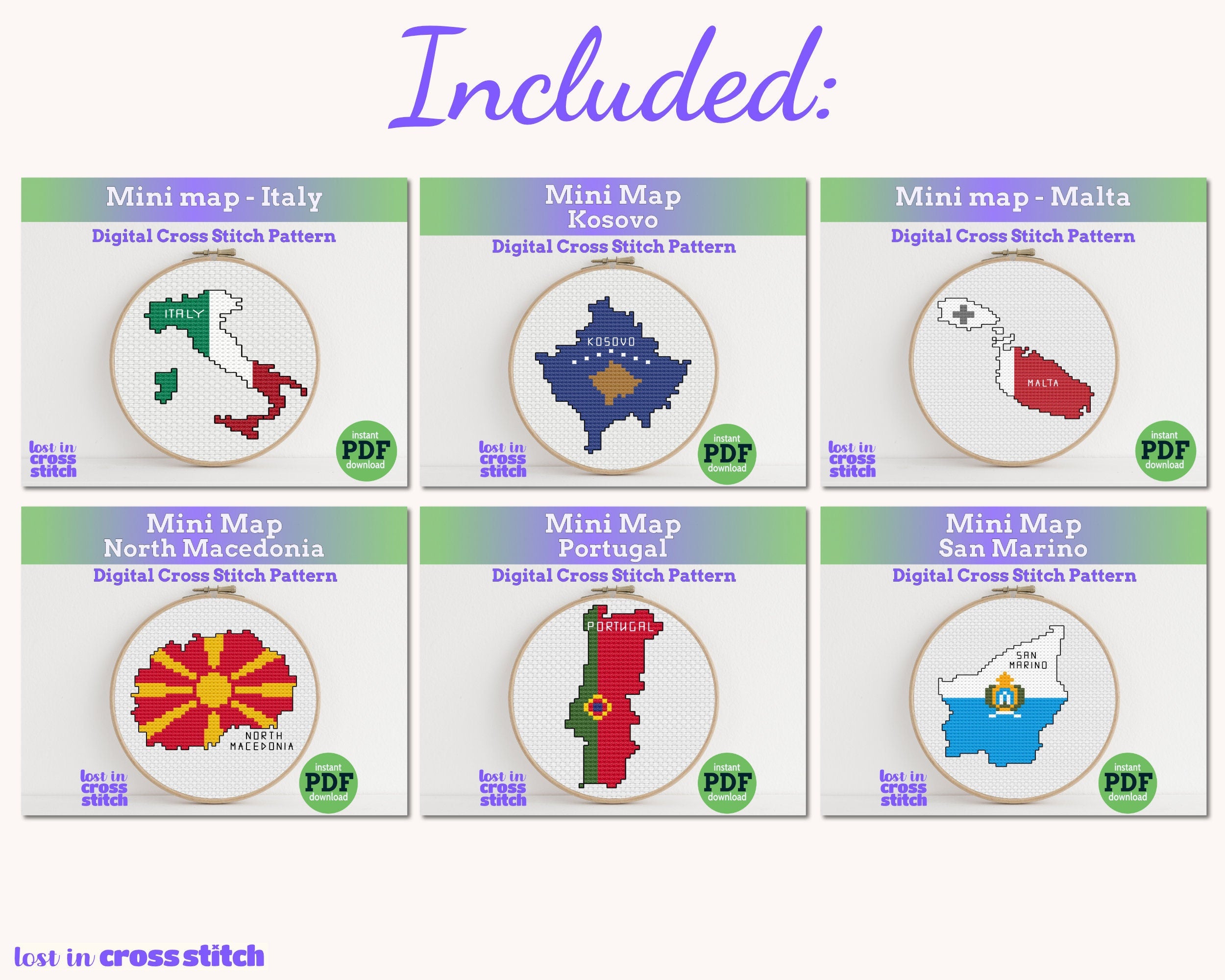 Mediterranean Cross Stitch Pattern Bundle: 18 Southern Europe Flag Map Patterns