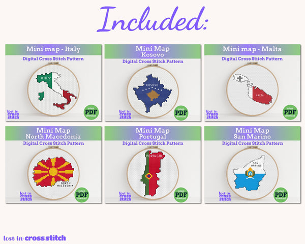 Mediterranean Cross Stitch Pattern Bundle: 18 Southern Europe Flag Map Patterns