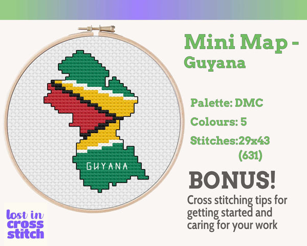 Guyana Cross Stitch Pattern: Tiny Flag Map